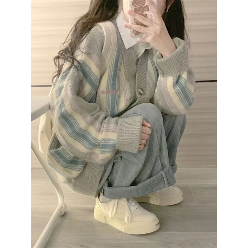 美式拼接彩色条纹针织衫毛衣女春秋季2026新款慵懒风宽松连帽开衫,男装针织衫/毛衣,星座516A