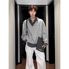 E03-P522025春秋美式复古浅灰色假两件衬衫领卫衣男条纹拼接，男装衬衫，电商B323A