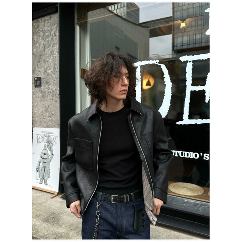 美式复古PU皮翻领外套男秋季高街潮牌cleanfit短款宽松休闲皮夹克图片