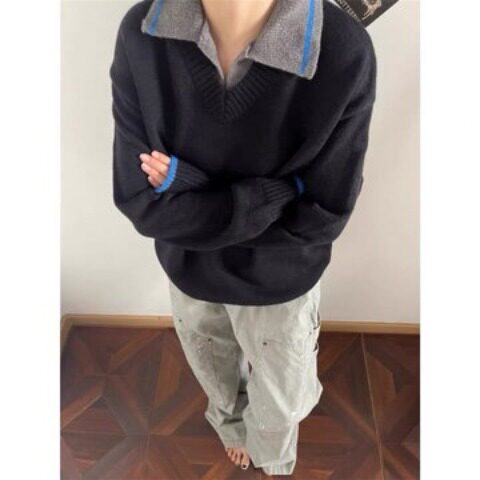 HR0910-P58撞色Polo翻领毛衣男女春秋冬宽松休闲打底针织衫线衣,男装T恤,电商C233