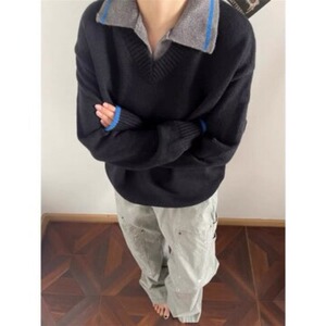 HR0910-P58撞色Polo翻领毛衣男女春秋冬宽松休闲打底针织衫线衣图片