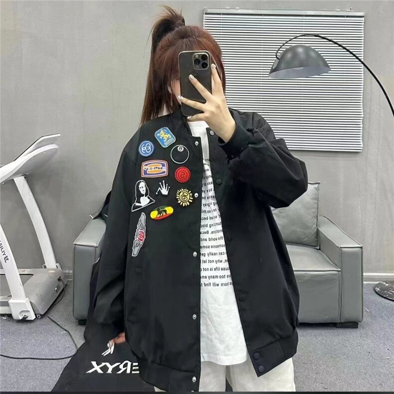 秋冬加绒加厚复古徽章潮牌刺绣棒球服男女情侣外套宽松夹克上衣潮图片