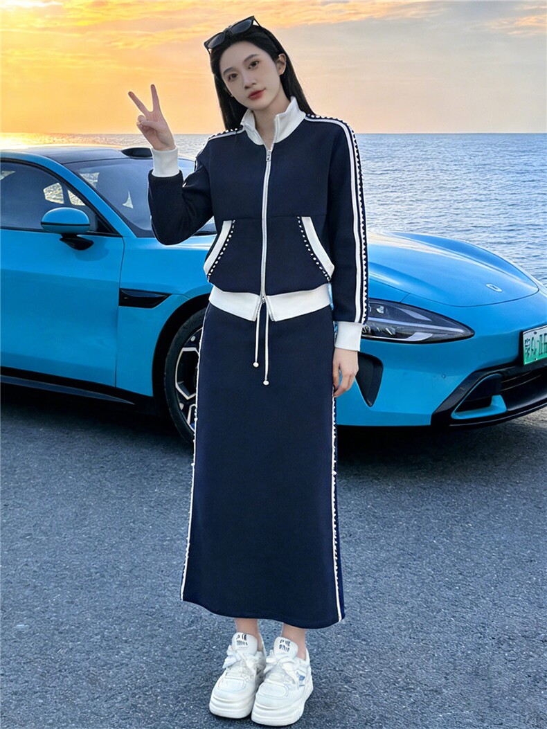 高级时尚休闲套装女春季订珠拼接色拉链开衫卫衣长半身裙两件套潮,女装套装/套裙,江南