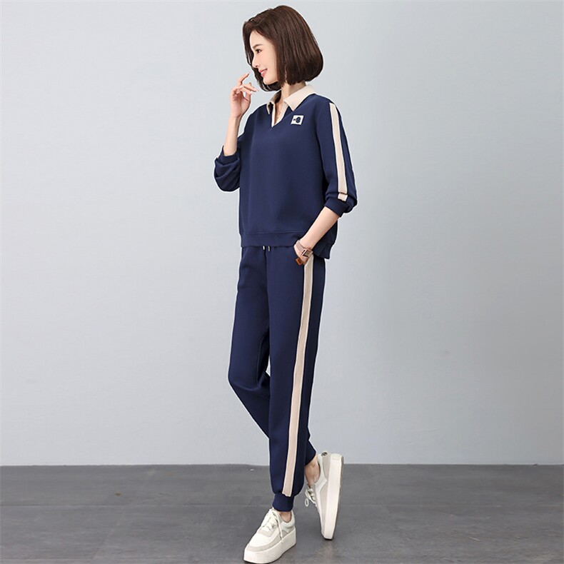 时尚休闲翻领绣花撞色套装显瘦百搭长袖运动服两件套,女装套装/套裙,依恋蒂丝