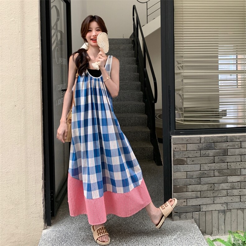 设计感撞色拼接格子无袖连衣裙女2025夏季新款小众独特休闲背心裙,女装连衣裙,2C216