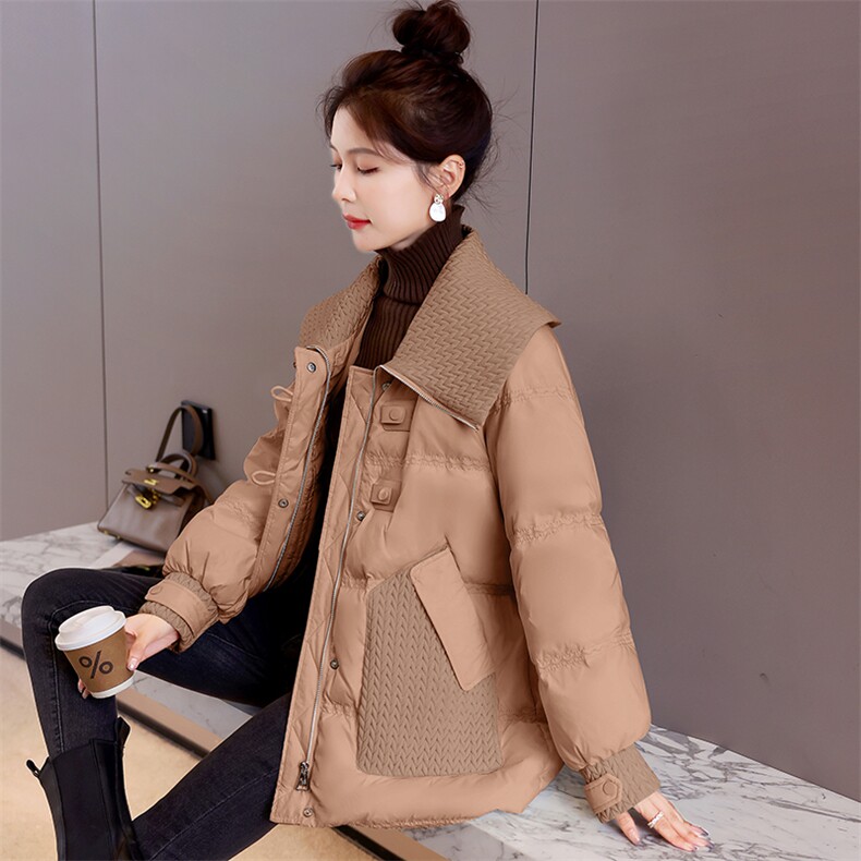 时尚编织海军娃娃领女冬季2024新款宽松休闲90白鸭绒羽绒服外套,女装羽绒服,卡杰菲