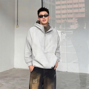 抖音得物二开 美式重磅宽松结构拉链设计防风高领连帽卫衣外套W76图片