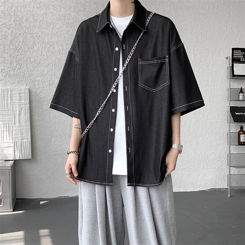 8XL-M冰丝牛仔短袖衬衫男款夏季薄款宽松慵懒衬衣外套DC28006P60,男装T恤,电商B312