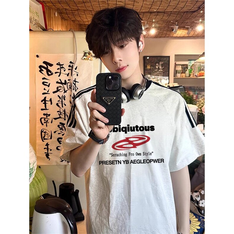 夏季美式高街重磅纯棉三条杠织带撞色男女短袖T恤ZD375-特P30,男装T恤,电商A486
