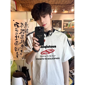 夏季美式高街重磅纯棉三条杠织带撞色男女短袖T恤ZD375-特P30图片