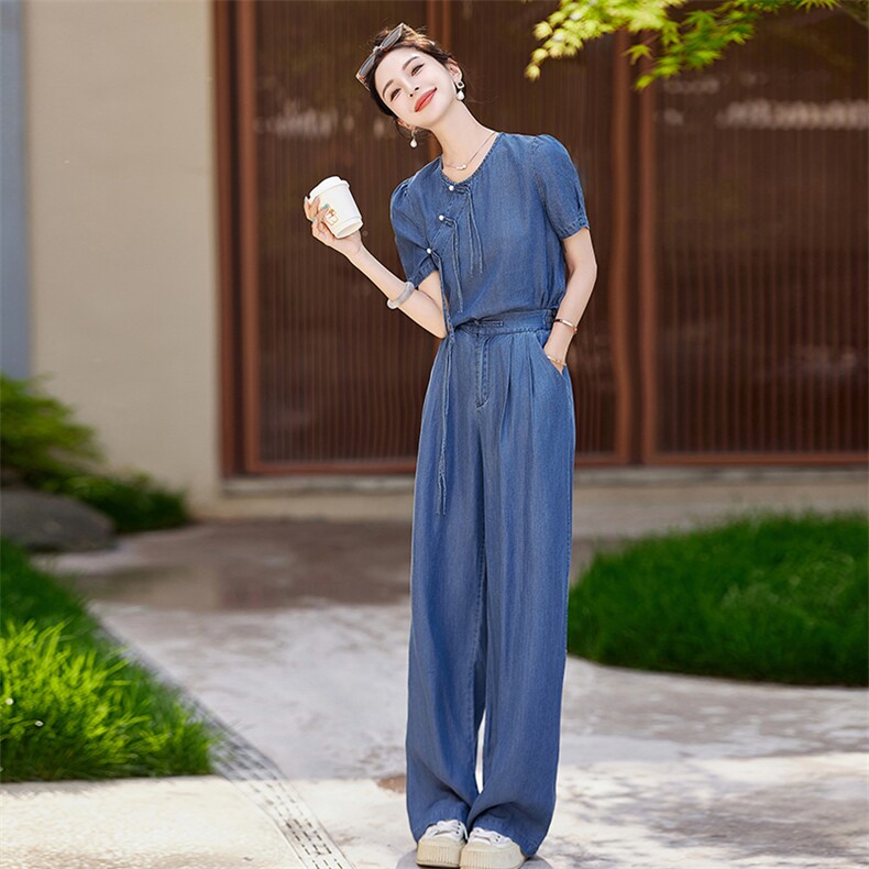 新中式天丝牛仔阔腿裤套装女夏季薄款2024新款盘扣休闲运动两件套,女装套装/套裙,慕依路