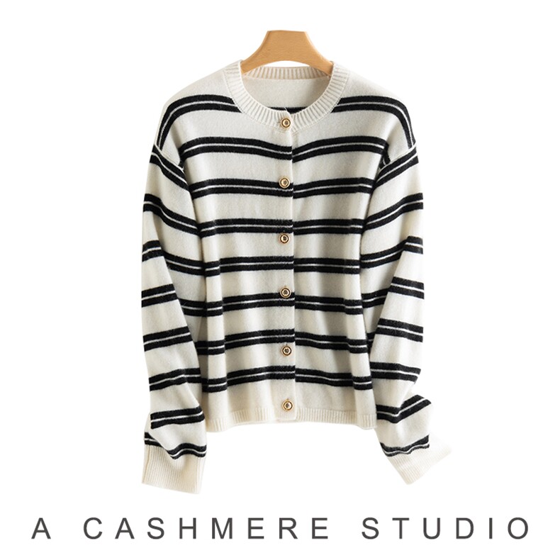 2025年秋季时尚百搭通勤简约休闲金扣条纹开衫，女装羊绒衫，致织羊绒