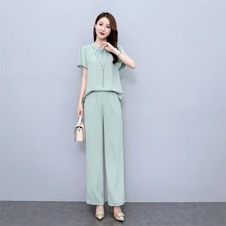 薄款冰丝套装女2025夏新款时尚大码阔腿裤洋气减龄显瘦遮肉两件套,女装套装/套裙,梦依杭