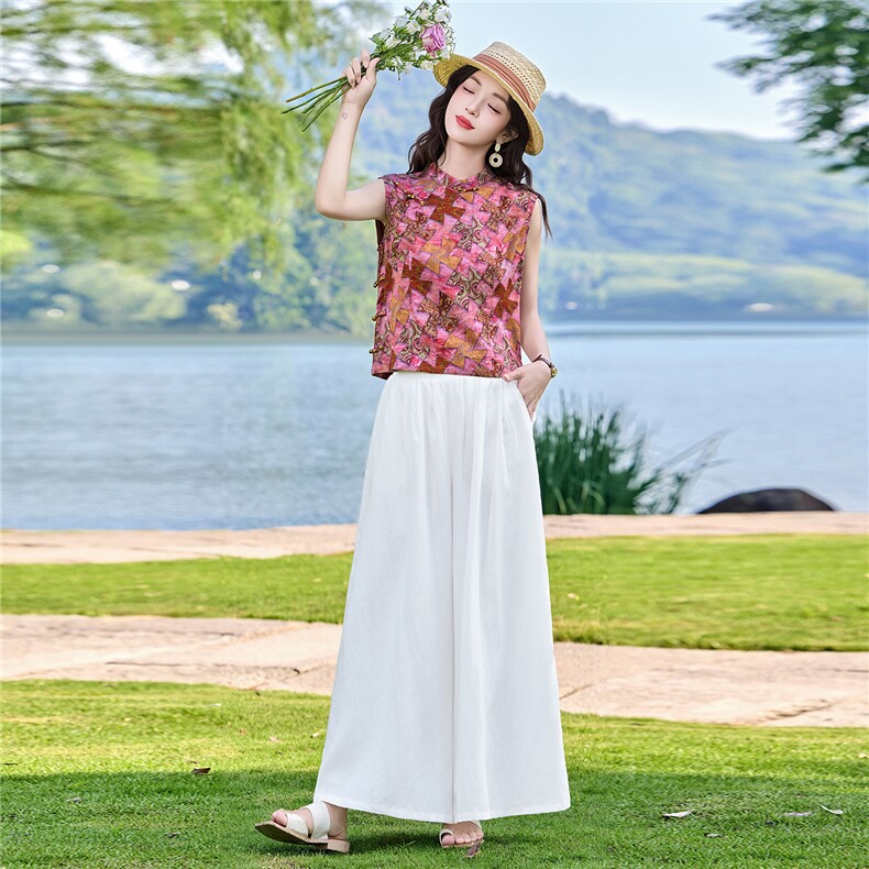 现货2026年夏季新中式上衣麻料阔腿裤子，可分开卖,女装套装/套裙,艾仟回(原伊仟回)