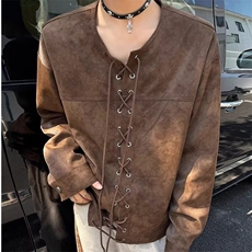 复古棕色抽绳对襟皮衣外套男春秋季夹克小众痞帅上衣服PY34-P76，男装夹克，星座208-5