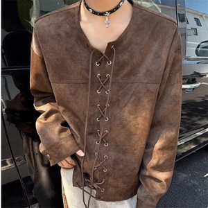 复古棕色抽绳对襟皮衣外套男春秋季夹克小众痞帅上衣服PY34-P76