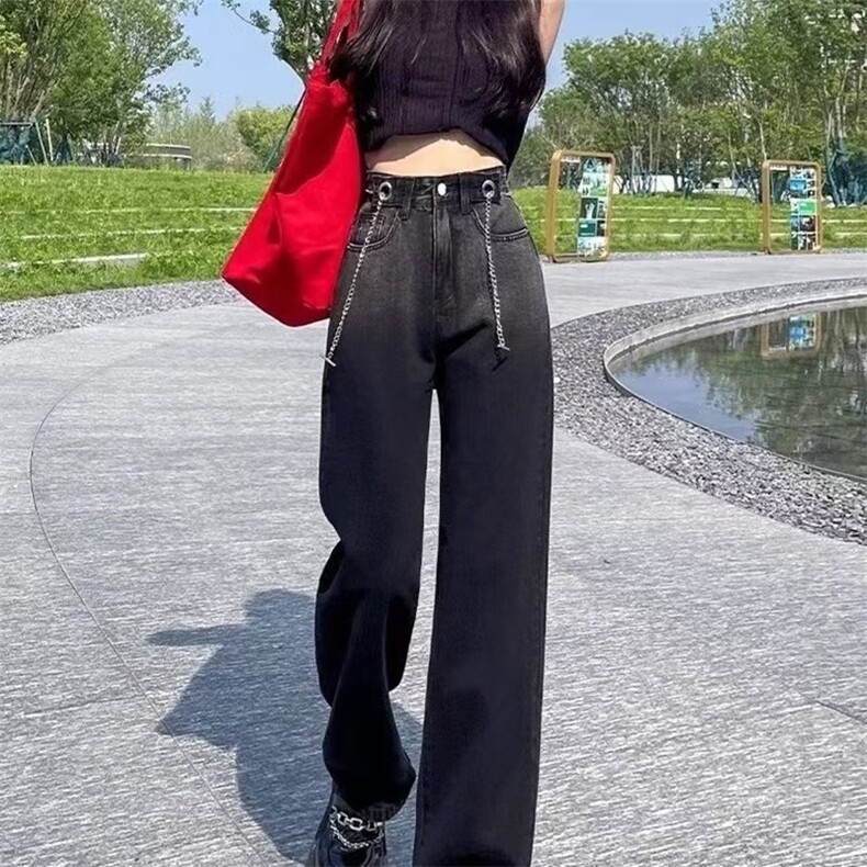 渐变阔腿牛仔裤女2025年高腰新款梨形身材宽松直筒显瘦拖地牛仔裤图片
