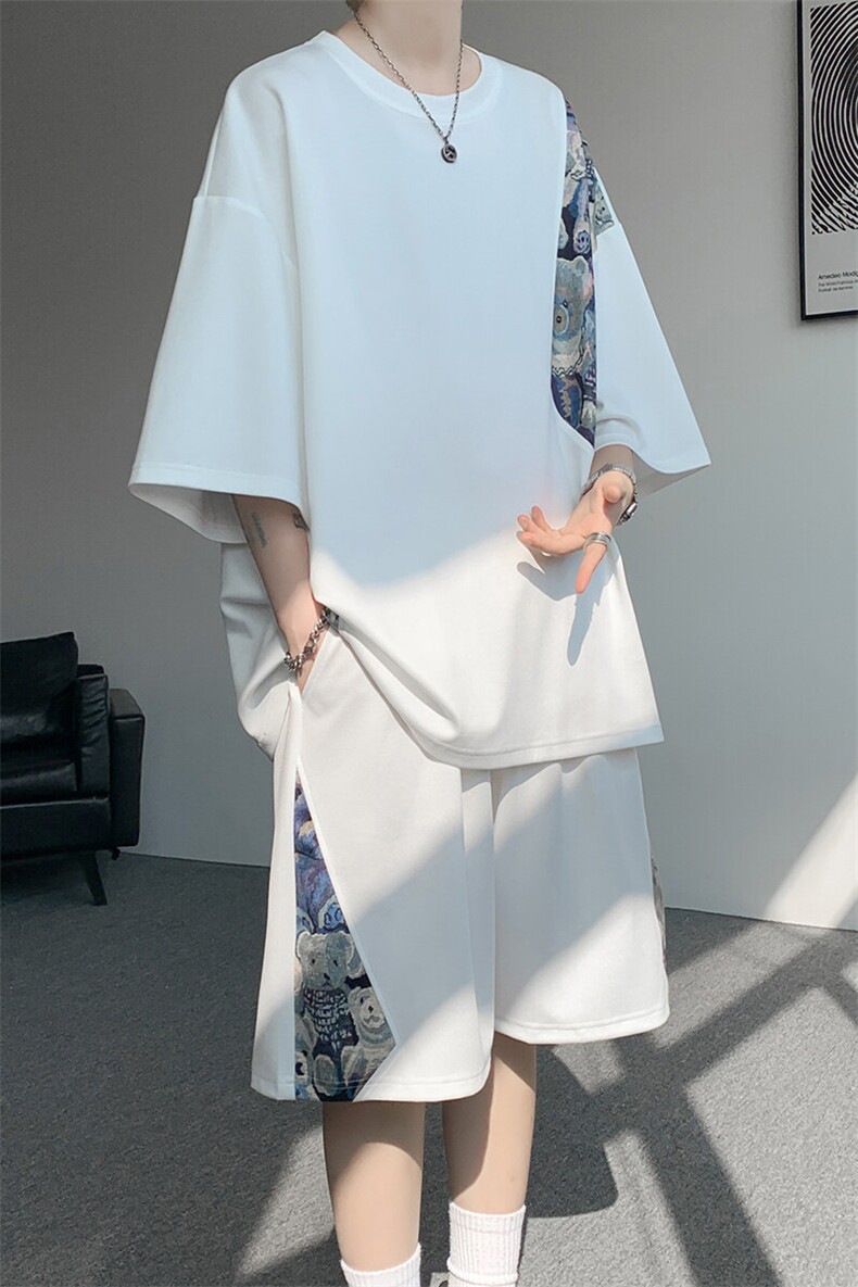 TZ792-特批50控98夏季冰丝潮流大码小熊撞色短袖短裤套装男,男装牛仔裤,电商A059