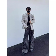 美拉德复古重磅解构机车水洗短款牛仔外套男秋季小众设计感夹克衫，男装工装外套，星座1210-1