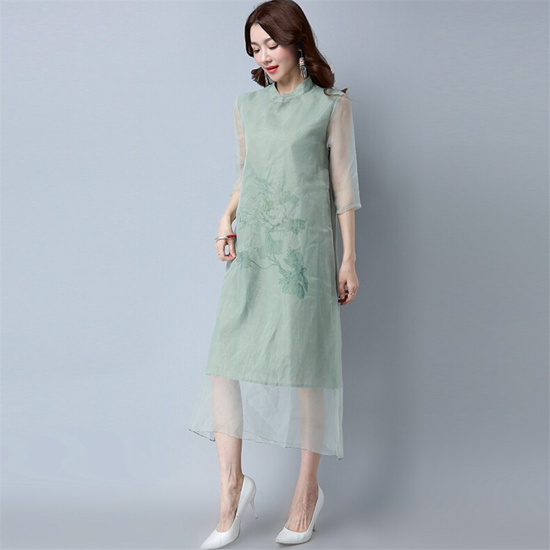 立领通勤连衣裙2021年夏季长裙印花韩版纱网长裙潮流纯色,女装连衣裙,独衣靓