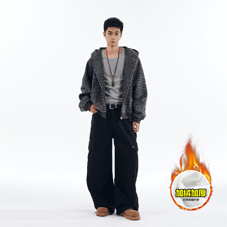 480G重磅加绒硬挺boxy男女秋冬美式高街条纹毛呢卫衣开衫厚外套，女装短外套，电商A486-1