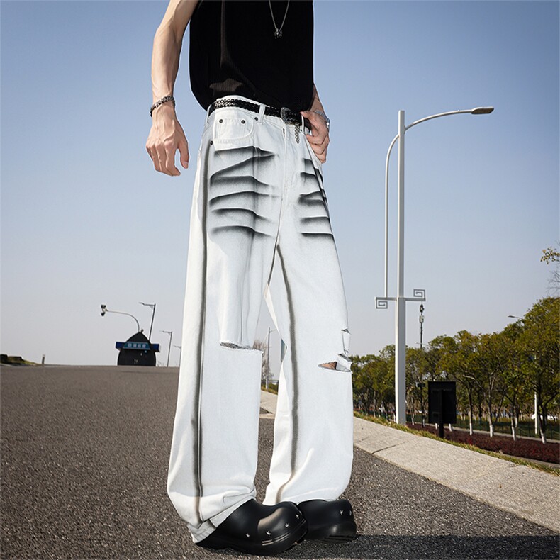 美式复做旧破洞扎染牛仔裤韩版牛仔裤男水洗宽松阔版牛仔裤P65，男装牛仔裤，电商B319