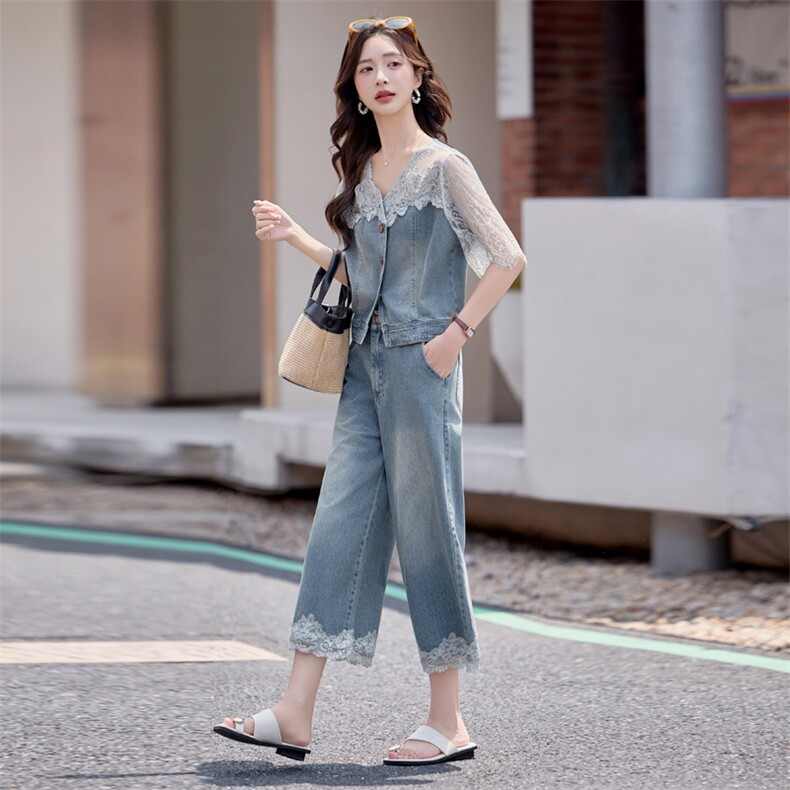 欧货时尚牛仔套装女夏新款韩系时髦洋气蕾丝拼接外套阔腿裤两件套,女装套装/套裙,依路服饰