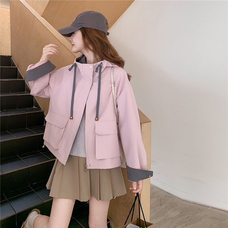 粉色拼色连帽工装外套女2025秋季新款奶甜系休闲小个子短款上衣潮,女装短外套,2C218