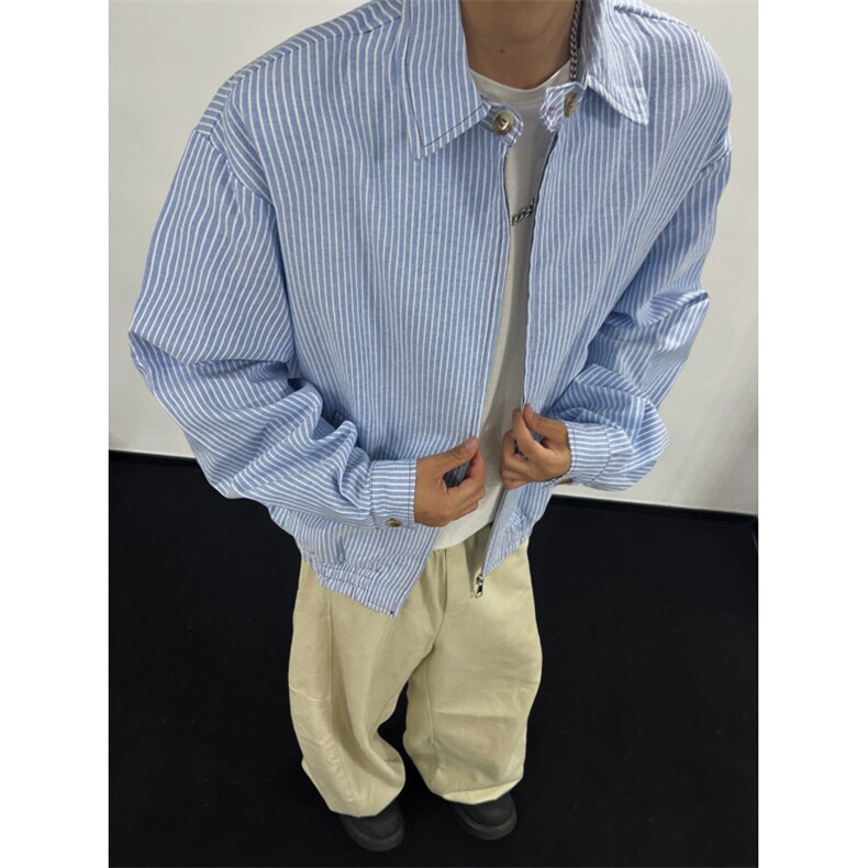 C188-尺码S-2XL-特P43-miu系欧若风松弛极简轻薄蓝白条纹衬衫外套,男装衬衫,星座1811B