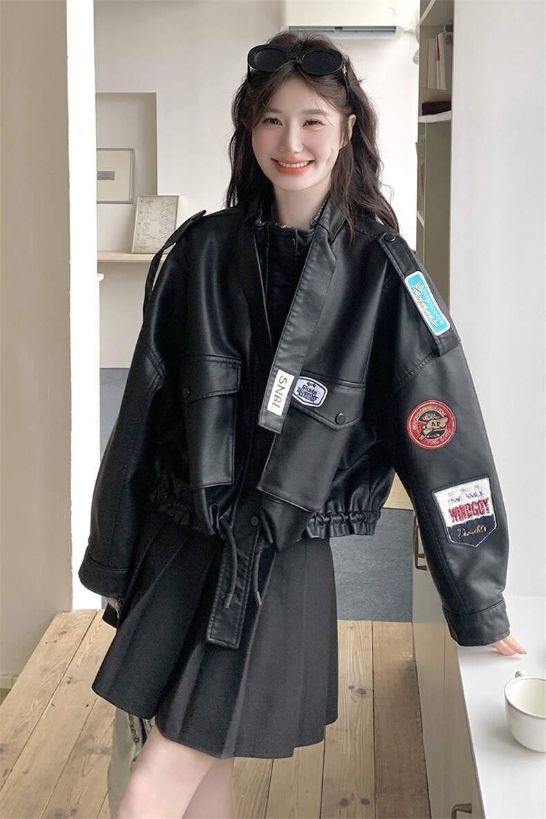 独特超好看黑色立领短款皮衣外套女春秋2025新款又a又飒PU皮夹克,女装皮衣,2C201