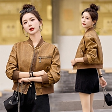 现货时髦做旧复古PU皮衣夹克外套女小个子2024新款短款立领机车服，女装皮衣，江南女神