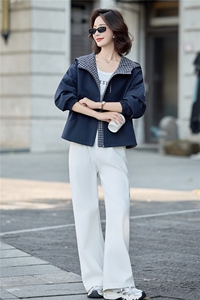 通勤长袖连帽插肩袖格子拼接连帽风衣女图片