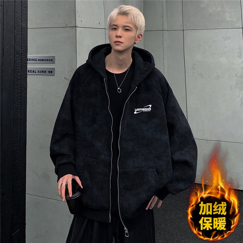 现货美式复古脏脏重磅连帽开衫加绒情侣卫衣男秋冬卫衣JK092-P80,男装卫衣,电商C307