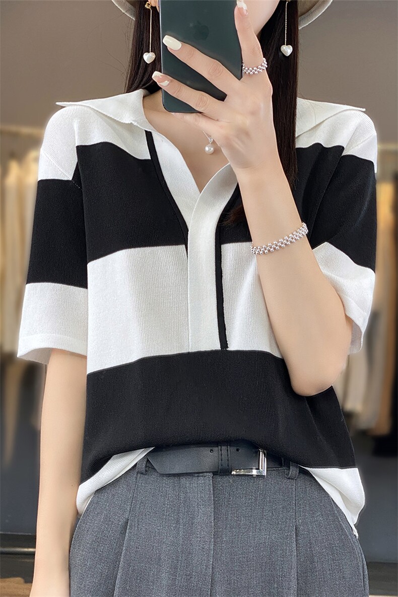 冰丝透气Polo领中袖针织衫女套头五分袖上衣2025夏秋新款半袖T恤,女装T恤,秋虹羊绒