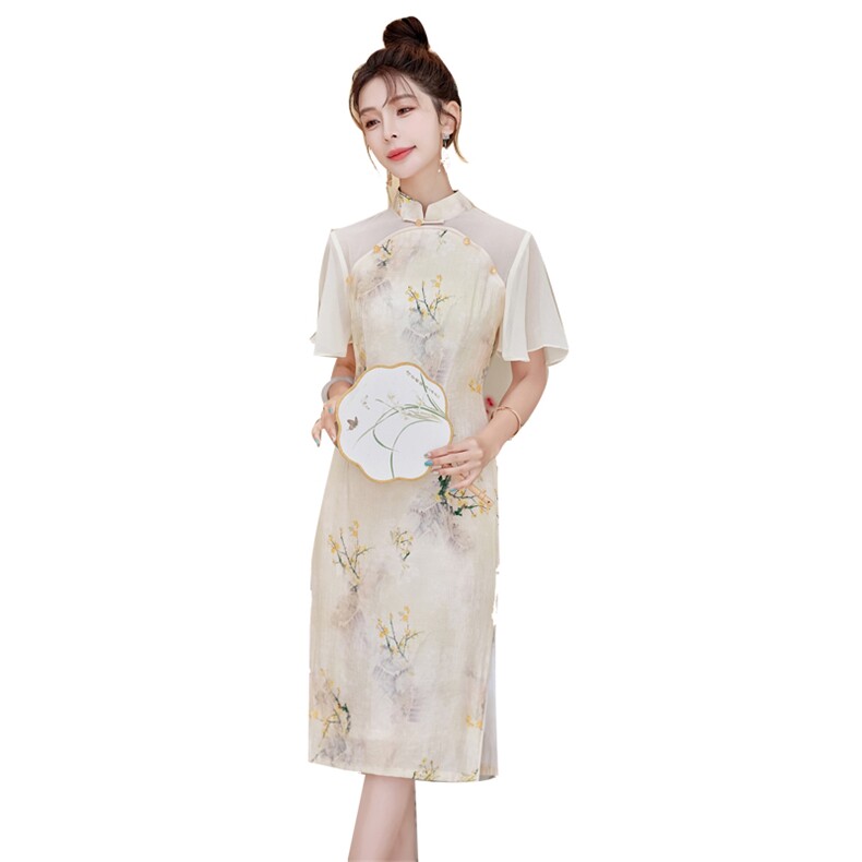 中式连衣裙女夏季新款提花长裙送考开叉雪纺裙改良版奥黛日常旗袍,女装连衣裙,利佳可人