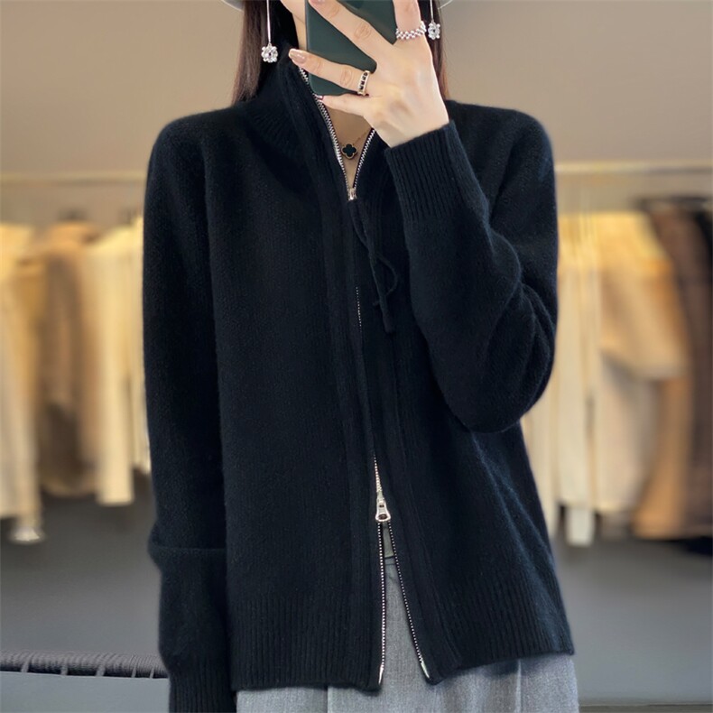 休闲简约淑女百搭长袖气质修身v领拉链羊毛衫女外穿,女装羊毛衫,暖娇绒