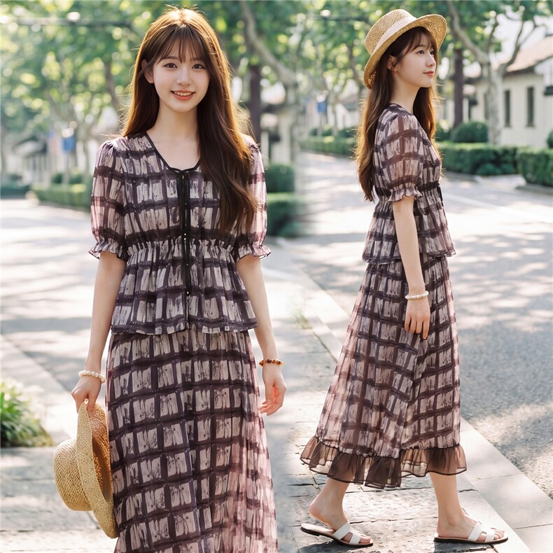 时尚休闲格纹显瘦系带上衣木耳边半裙超仙两件套女,女装套装/套裙,水衣源