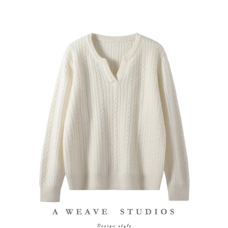 2025舒适简约百搭加厚剪刀领麻花羊绒衫，女装羊绒衫，朵暖羊绒