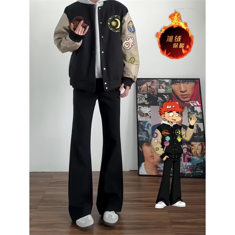 现货黑色微喇西裤男修身直筒休闲长裤弯刀男秋冬加绒加厚西装裤子，男装西服套装，星座302B