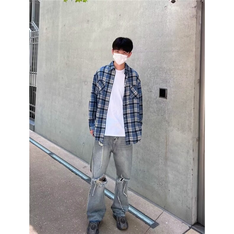 CS08-P33日系少年感毛边格子衬衫男春秋新款潮牌百搭,男装衬衫,电商B323A