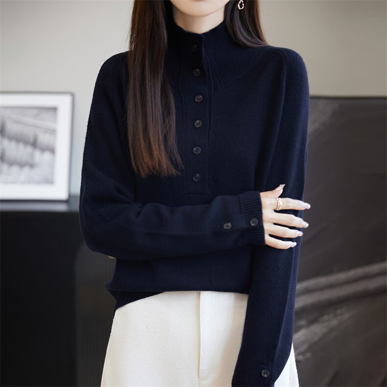 半高领羊毛衫女秋冬季新款宽松套头纯色长袖内搭打底慵懒风半开扣图片