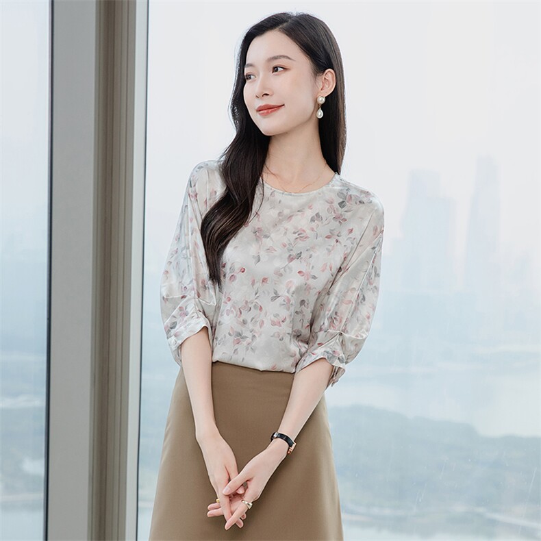 真丝衬衫女2026新款圆领复古文艺五分袖上衣女高级感宽松显瘦,女装衬衫,阿舍尔精品