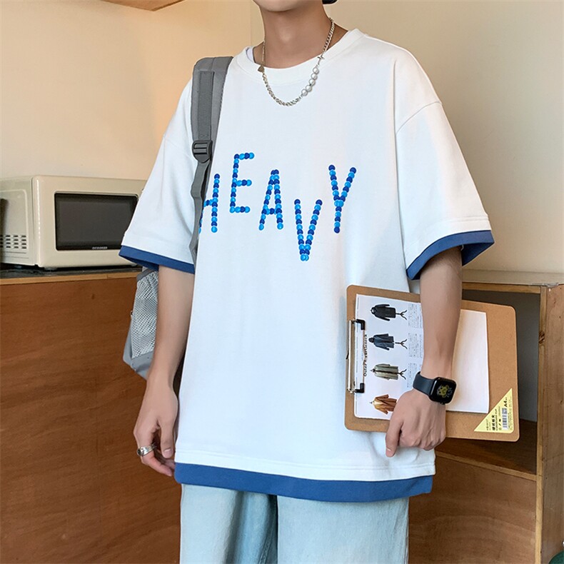 新款夏季短袖珠地面料宽松刺绣印花假两件男士T恤ZDY3416-P49,男装T恤,星座717