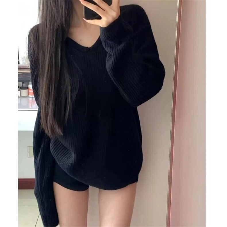 宽松V领黑色毛衣女慵懒风秋冬新款高级松弛感套头针织衫外穿上衣图片