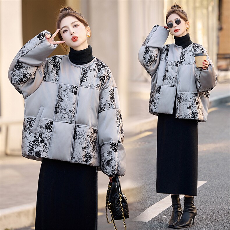 新中式g风提花拼接保暖羽绒服女2025冬季新款水墨画宽松加厚外套,女装羽绒服,曼娅璐