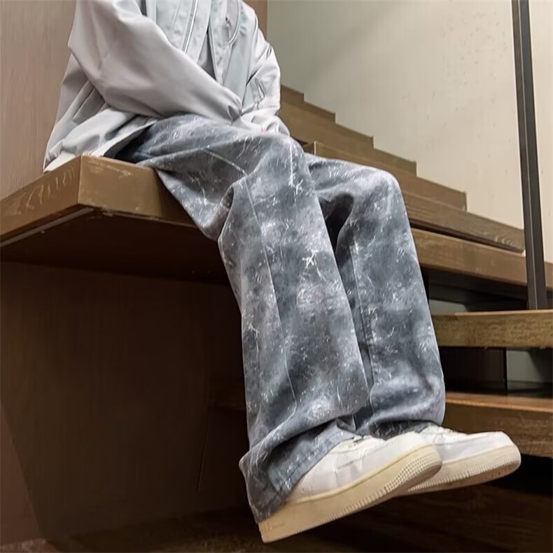 雪花纹微喇牛仔裤男款春秋美式高街设计感修身窄版直筒裤B399-P45，男装牛仔裤，星座1008