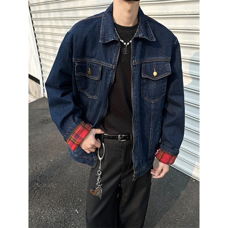 美式复古格纹拼接牛仔外套男女休闲宽松百搭工装夹克潮JK1166-P78,男装工装外套,星座1103-3