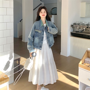 韩版复古渐变色翻领牛仔外套女2025年春秋季新款显瘦流行夹克上衣图片