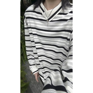 现货PL22-P55控88不规则翻领条纹polo衫男长袖秋季宽松休闲上衣服图片
