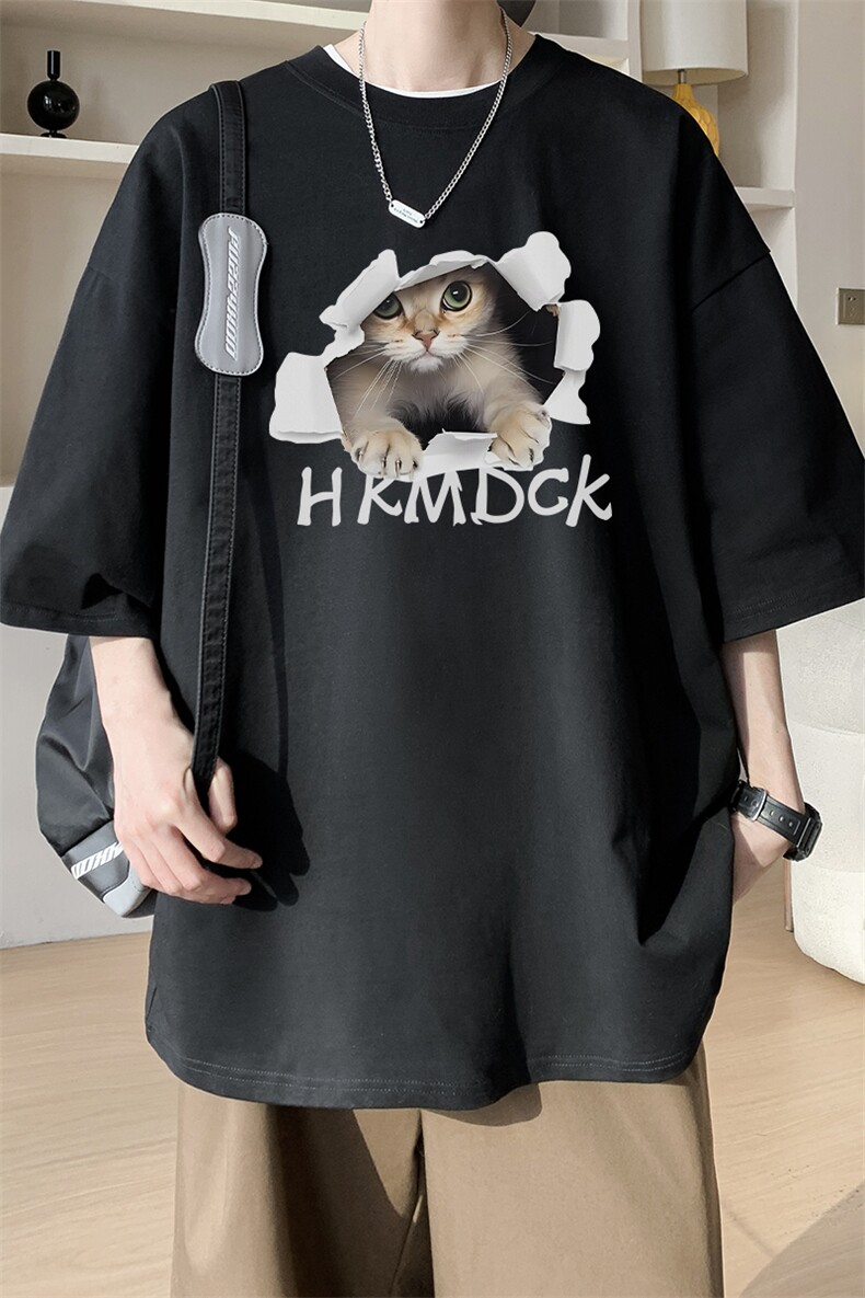图案已注册夏季重磅创意小猫印花短袖T恤男潮半袖打底衫D002/P25,男装T恤,电商B209
